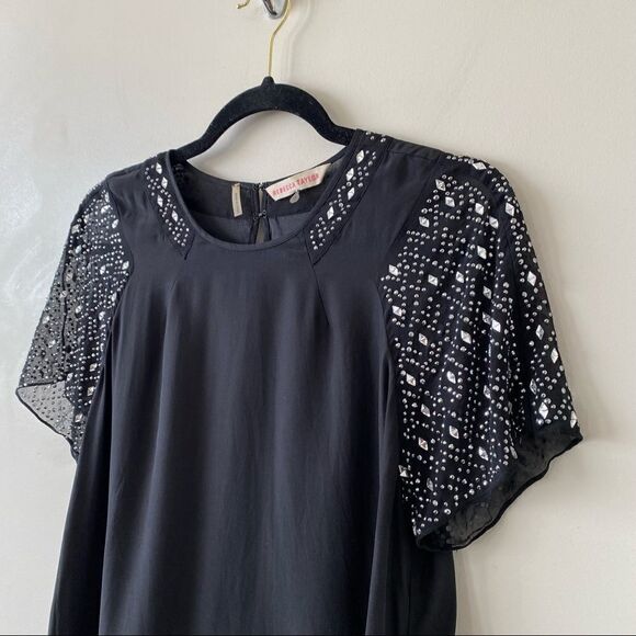 REBBECA Taylor -Silk Rhinestone Sleeve/Neckline Detail Dressy Blouse - Picture 4 of 11